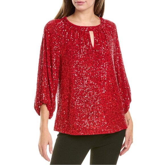 NWT Vince Camuto Sequin Keyhole Neck 3/4 Sleeve Blouse In Ultra Red Sz. 3X - Picture 1 of 6